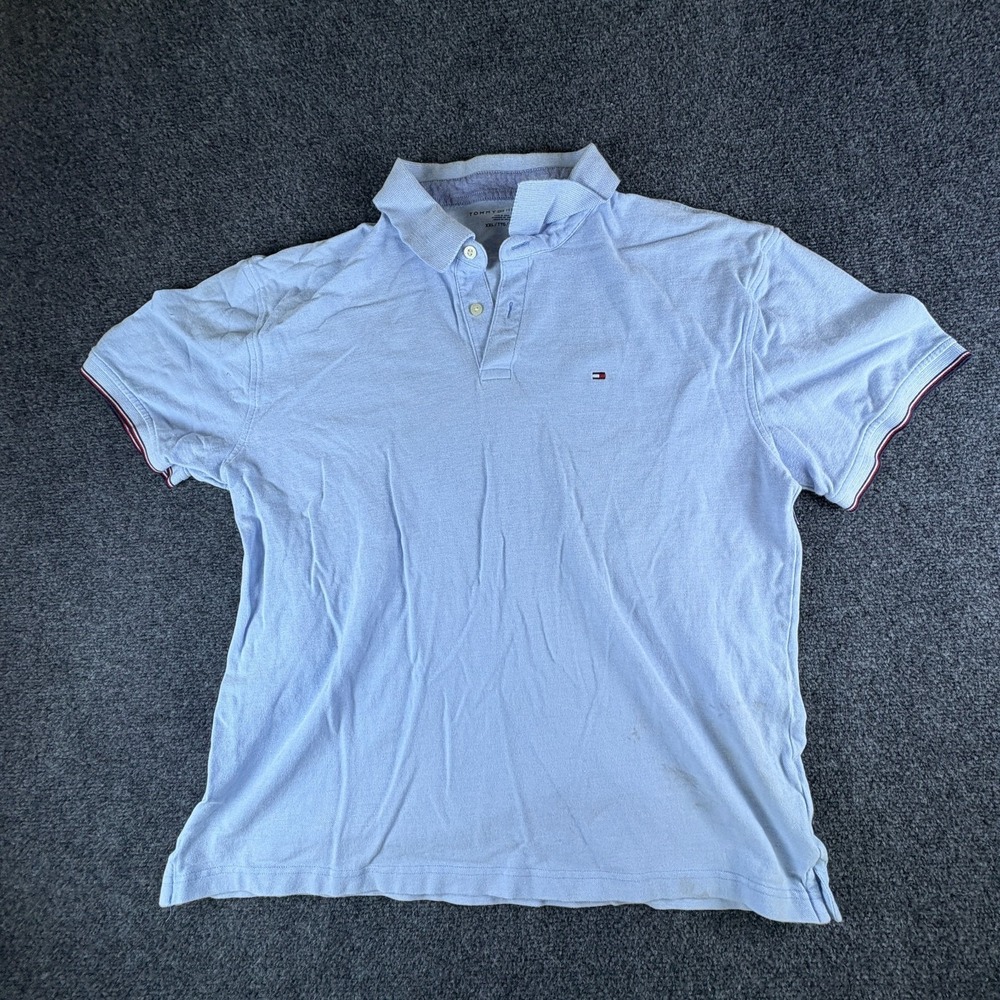 Tommy Hilfiger Polo Shirt Mens 2XL Light Blue Logo Pique Cotton Short‎ Sleeve